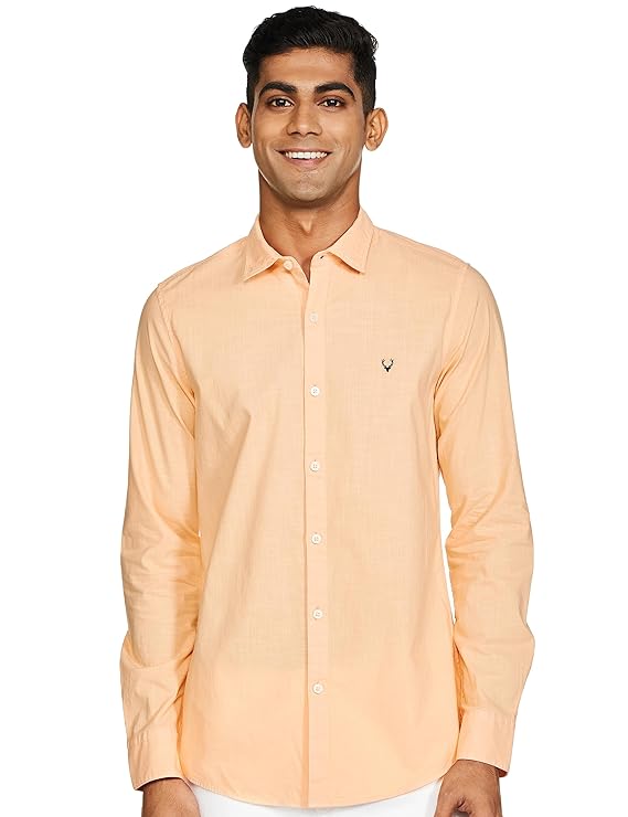 Orange men's slim fit shirt by Seasons, tailored with a classic collar and button front, displayed on a hanger.