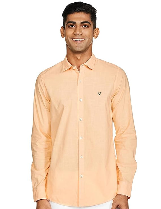 Orange men's slim fit shirt by Seasons, tailored with a classic collar and button front, displayed on a hanger.
