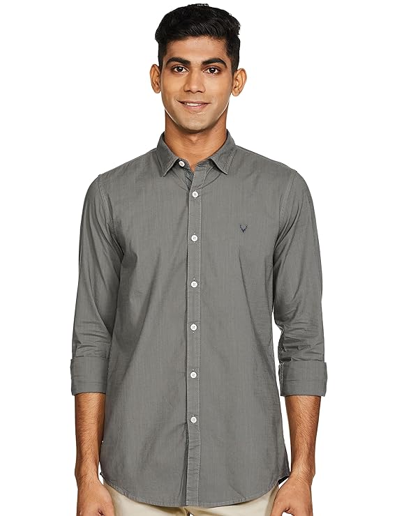 Grey men's slim fit shirt by Seasons, tailored fit with collar and button closure, displayed on a hanger.