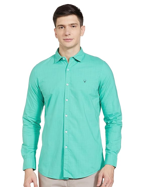 Green men's slim fit shirt by Seasons, tailored style with a classic collar and long sleeves, made from lightweight fabric.