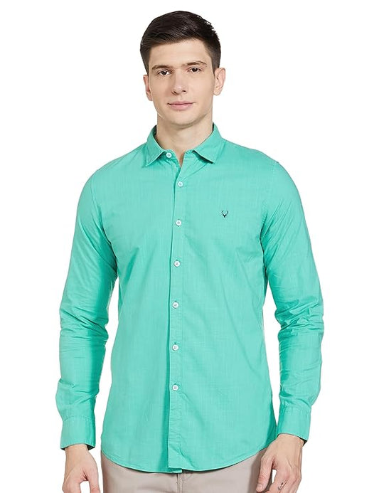 Green men's slim fit shirt by Seasons, tailored style with a classic collar and long sleeves, made from lightweight fabric.