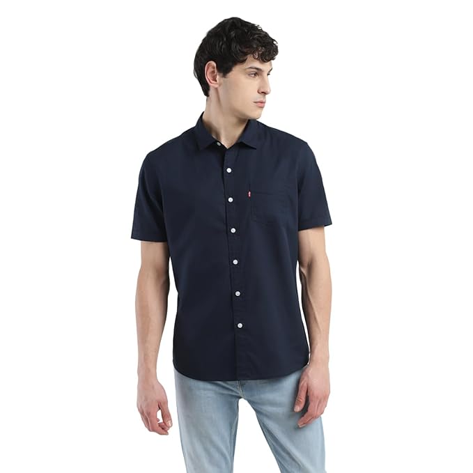 Navy men's slim fit solid shirt by Seasons, featuring a classic collar, long sleeves, and tailored fit for a sleek look.