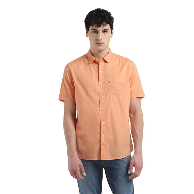 Peach men's slim fit solid shirt by Seasons, displayed flat showing collar, buttons, and smooth fabric texture.
