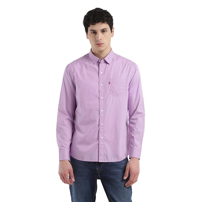 Purple men's slim fit solid shirt by Seasons, shown with collar and long sleeves on a plain background.