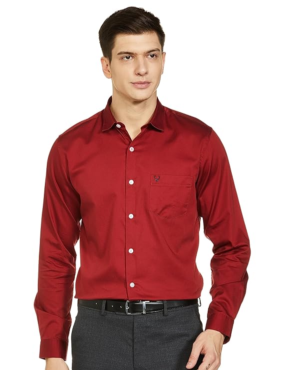 Maroon regular fit men's formal shirt by Seasons, shown laid flat with collar and button details.
