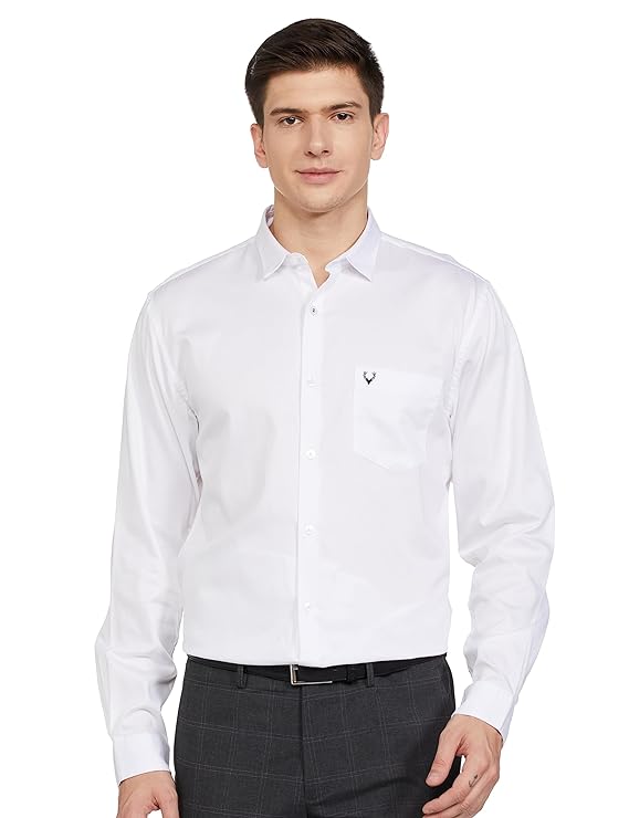 White regular fit men's formal shirt by Seasons, shown on a hanger with a classic collar and button-up front.