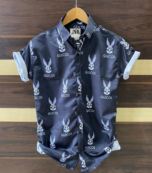 Navy floral printed men's shirt by Seasons, casual designer shirt with vibrant floral pattern, short sleeves and button-down style.