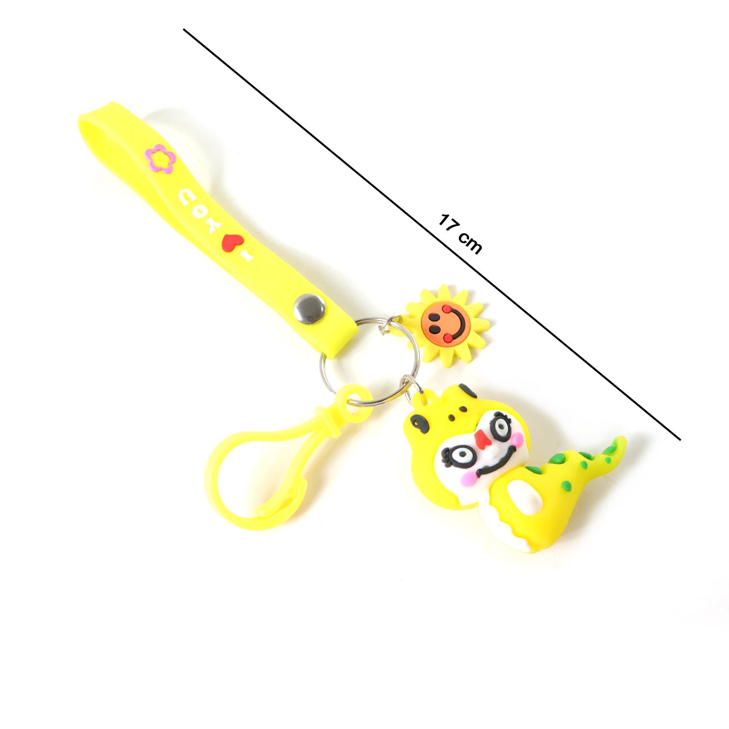 Wukusy cute cartoon dinosaur keychain with strap and decorative charm, featuring colorful dinosaur design and playful details.