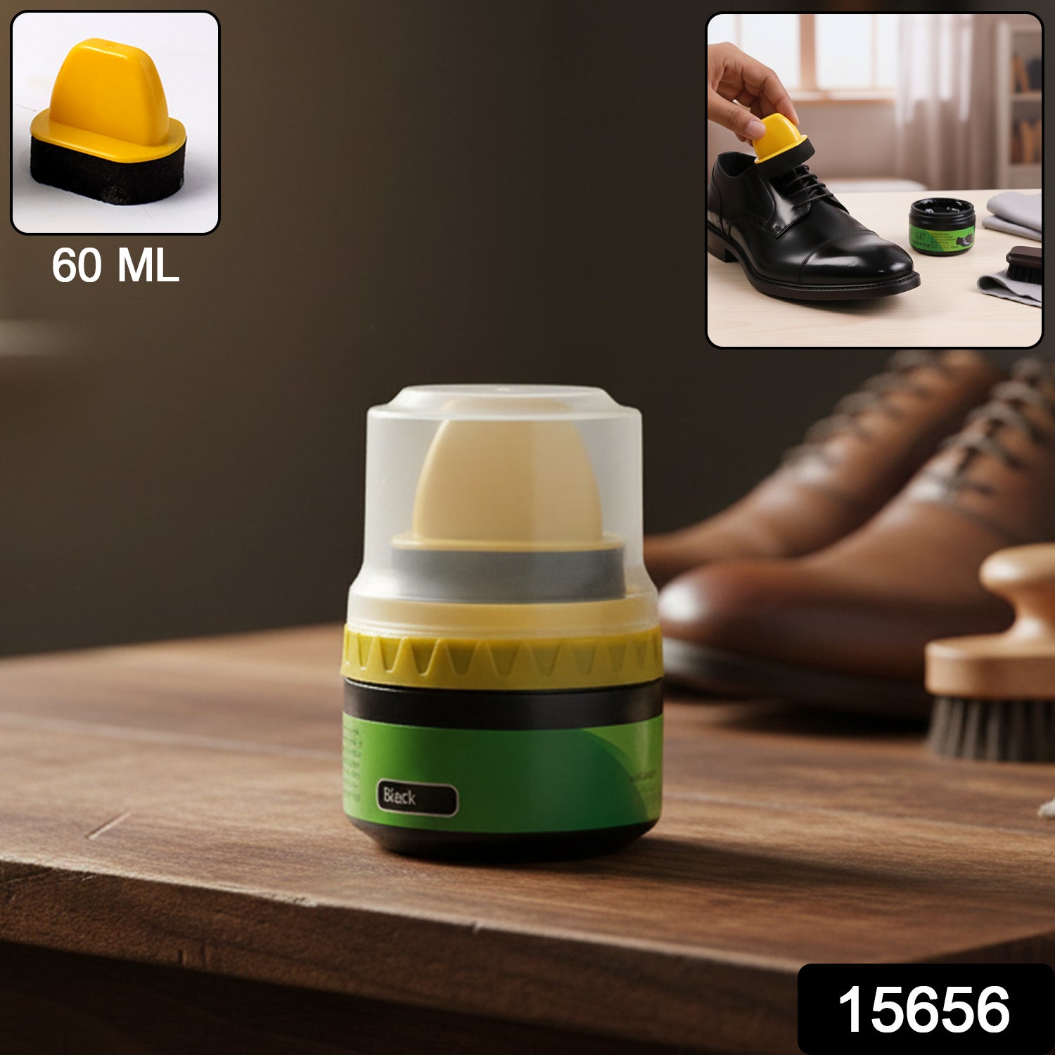 Black shoe polish cream with built-in sponge applicator by Wukusy, 60 ml, shown in a close-up of the compact container.