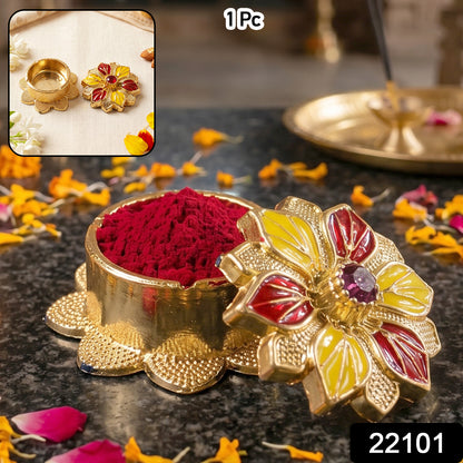 Golden Kankavati Kumkum Box by Wukusy, traditional sindoor holder with intricate design for pooja and religious ceremonies.