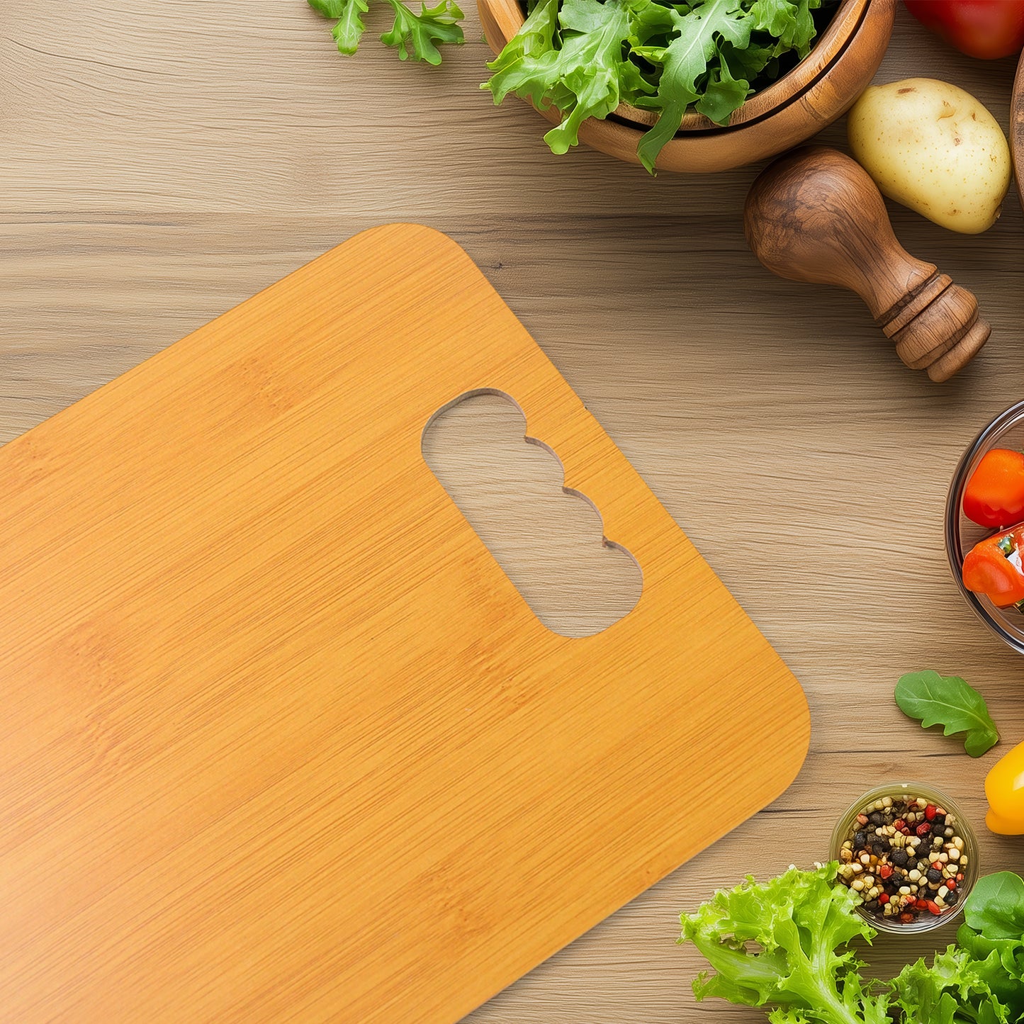 Wukusy wooden chopping board for vegetables, ideal for kitchen use, showing a sturdy, natural wood surface with chopped vegetables.