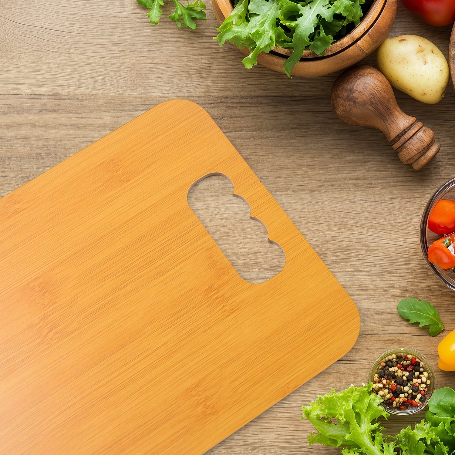 Wukusy wooden chopping board for vegetables, ideal for kitchen use, showing a sturdy, natural wood surface with chopped vegetables.