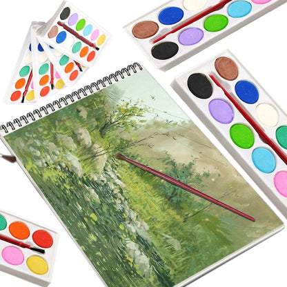 Water color painting kit by Wukusy with 12 shades and paint brush, featuring colorful watercolor paints and art supplies for kids.