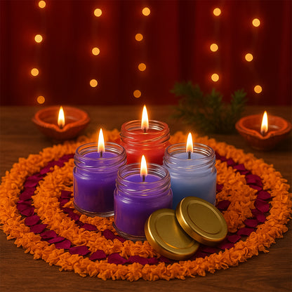 Set of four Wukusy wax candles in glass jars with gold lids, decorative and aromatic home fragrance candles.
