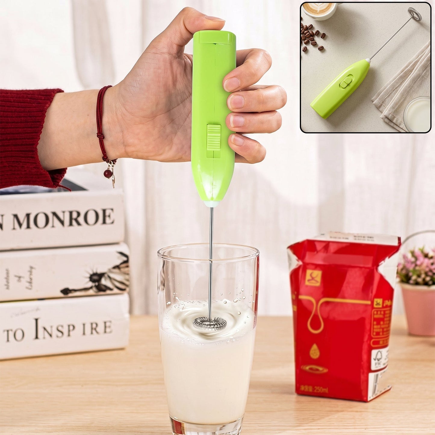 Wukusy handheld electric egg beater and milk frother mini whisk for coffee and beverages, compact kitchen tool in black and silver