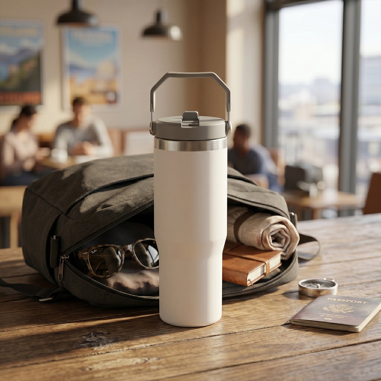 Wukusy premium vacuum insulated stainless steel tumbler mug, 890 ml, with a sleek design and spill-resistant lid, suitable for hot and cold drinks.