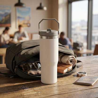 Wukusy premium vacuum insulated stainless steel tumbler mug, 890 ml, with a sleek design and spill-resistant lid, suitable for hot and cold drinks.