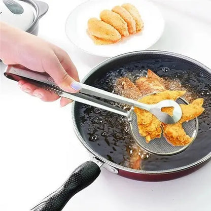 Ekom 2-in-1 stainless steel fry tool with filter spoon and clip, ideal for oil frying and BBQ filtering in home kitchen use.