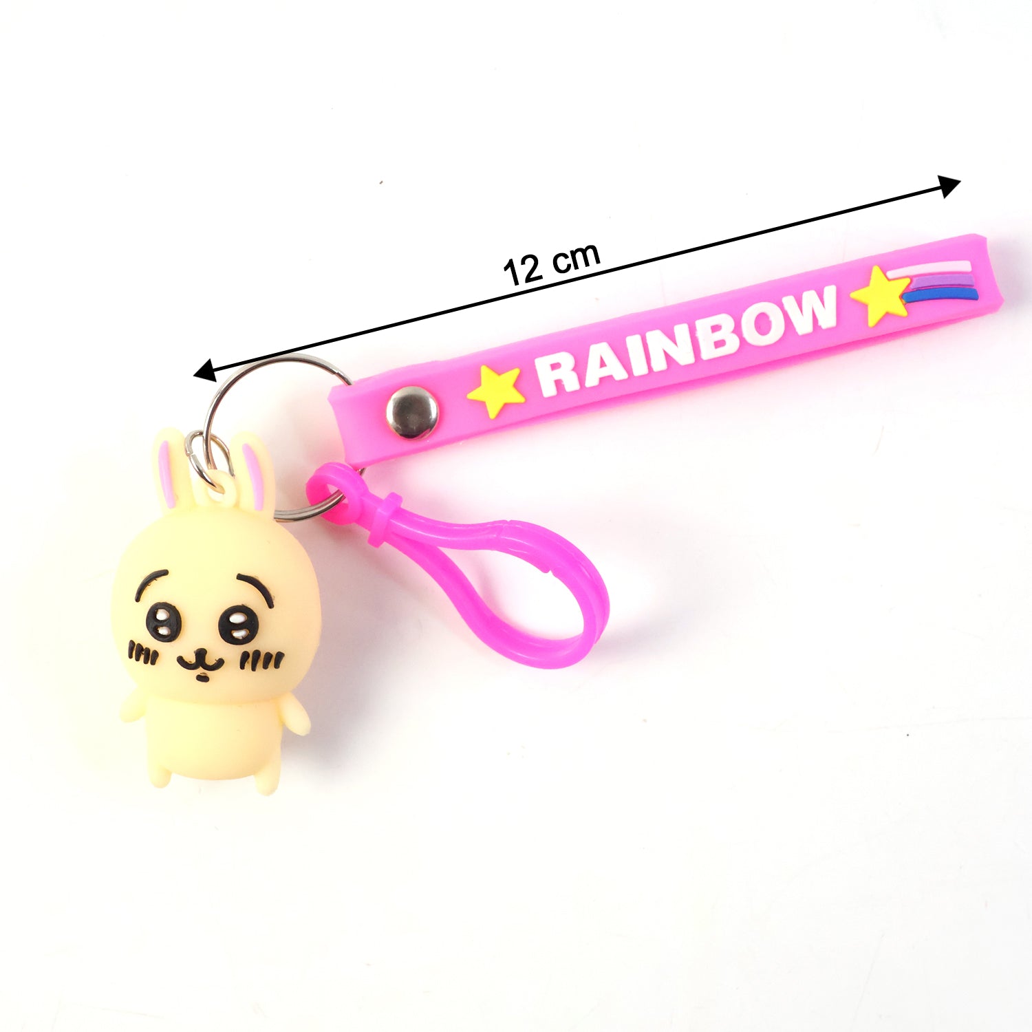 Wukusy cute bunny character keychain featuring a plush bunny with floppy ears and a smiling face, perfect for keys or bags.