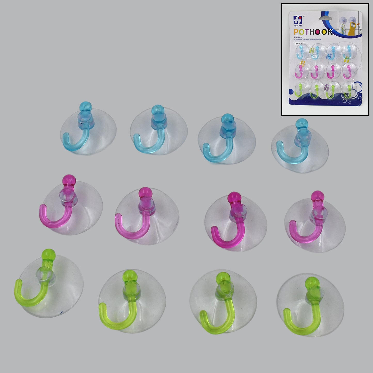 Set of 12 transparent rubber vacuum sucker hooks with strong suction cups for hanging items on smooth surfaces, by Wukusy.