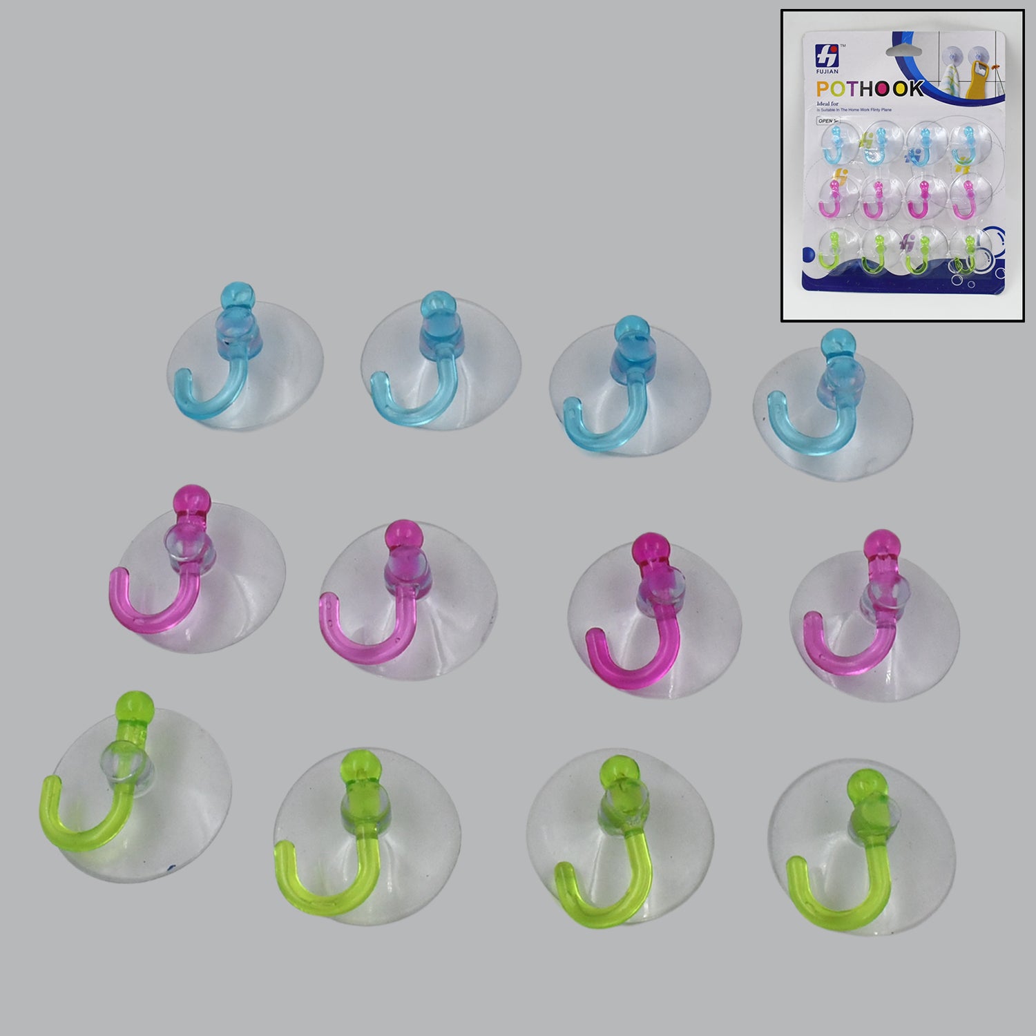 Set of 12 transparent rubber vacuum sucker hooks with strong suction cups for hanging items on smooth surfaces, by Wukusy.