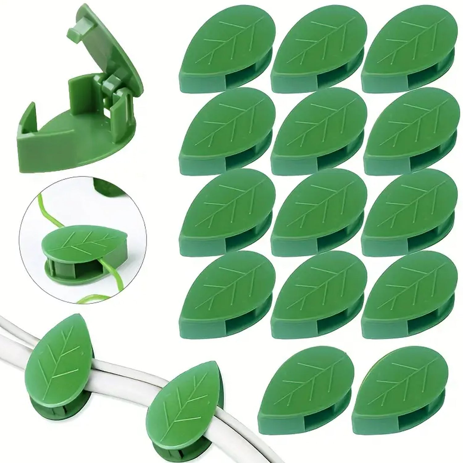 Set of 30 Wukusy green leaf plant climbing wall clips with self-adhesive hooks for indoor and outdoor garden plant support.