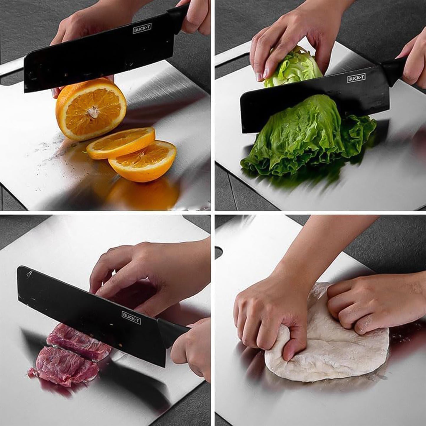 Wukusy stainless steel vegetable and fruit cutting chopping board, 31.20 cm, in a natural kitchen setting with sliced produce.
