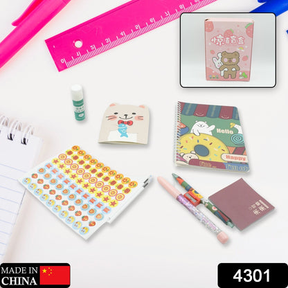 Wukusy cartoon stationery box with school supplies including pens, eraser, sharpener, stickers, and diary for students.