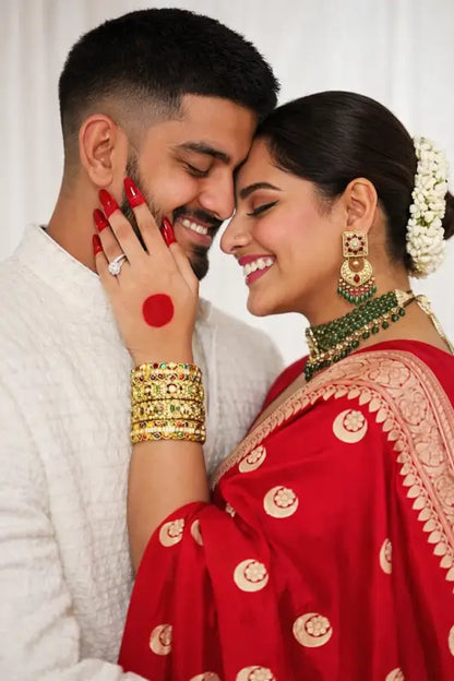 Elegant red Banarasi silk saree for women from Ekom's Royal Red Banarasi Elegance Collection, showcasing intricate gold zari work.