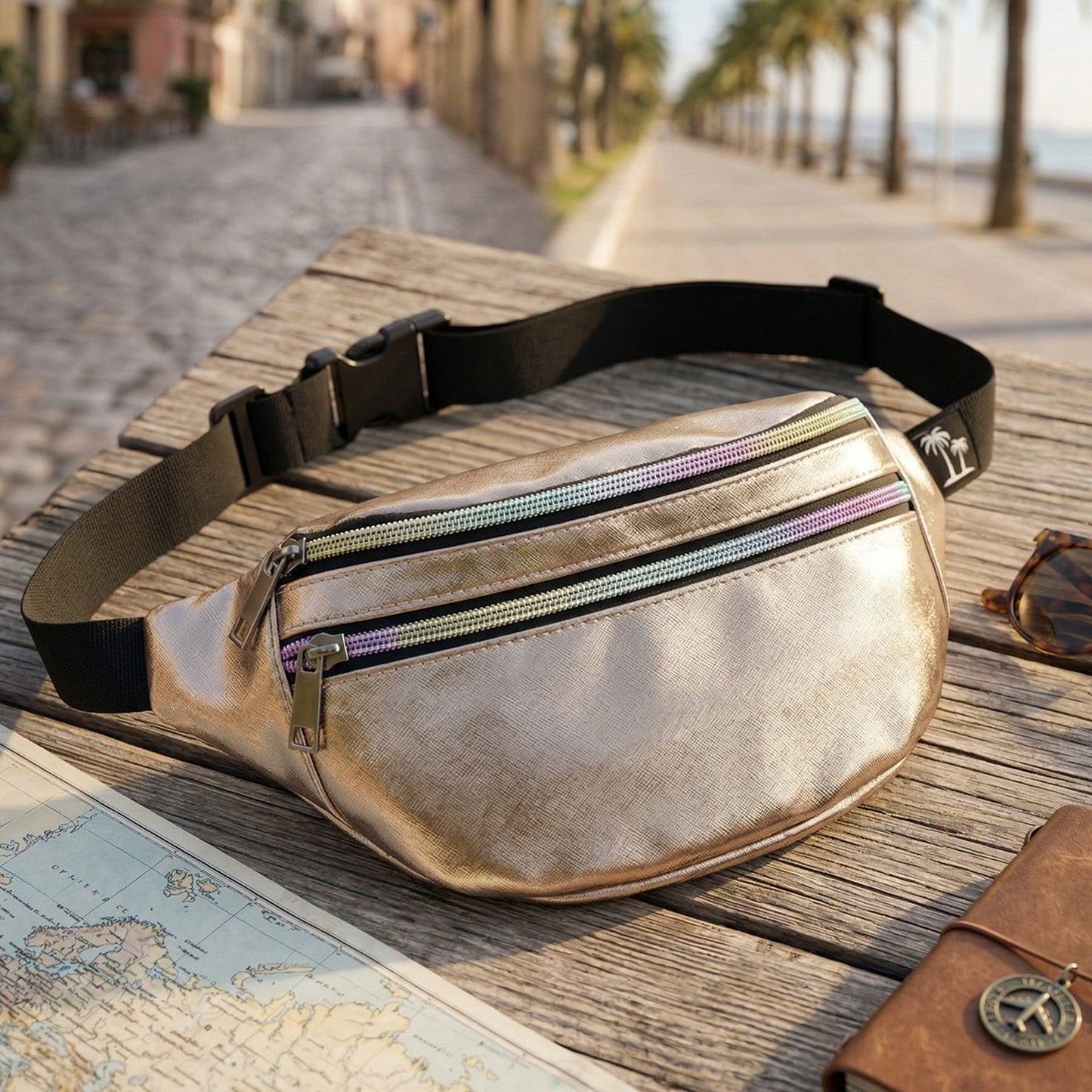 Wukusy premium waist bag with adjustable strap, 10x22 cm, featuring multiple compartments and sleek black design.