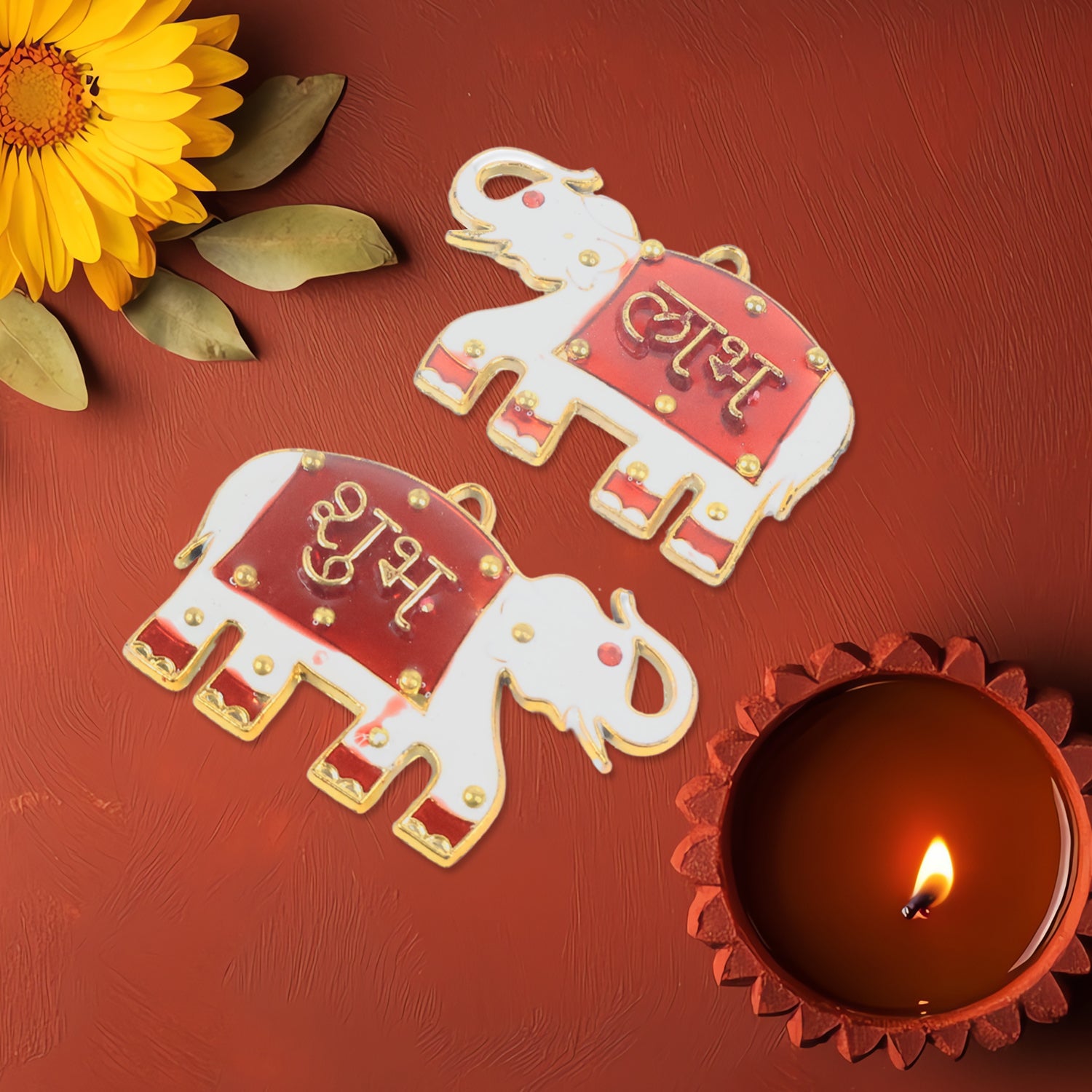 Two Wukusy Shubh Labh elephant decorative wall hangings featuring intricate designs, perfect for home decor.