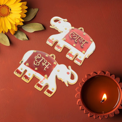 Two Wukusy Shubh Labh elephant decorative wall hangings featuring intricate designs, perfect for home decor.