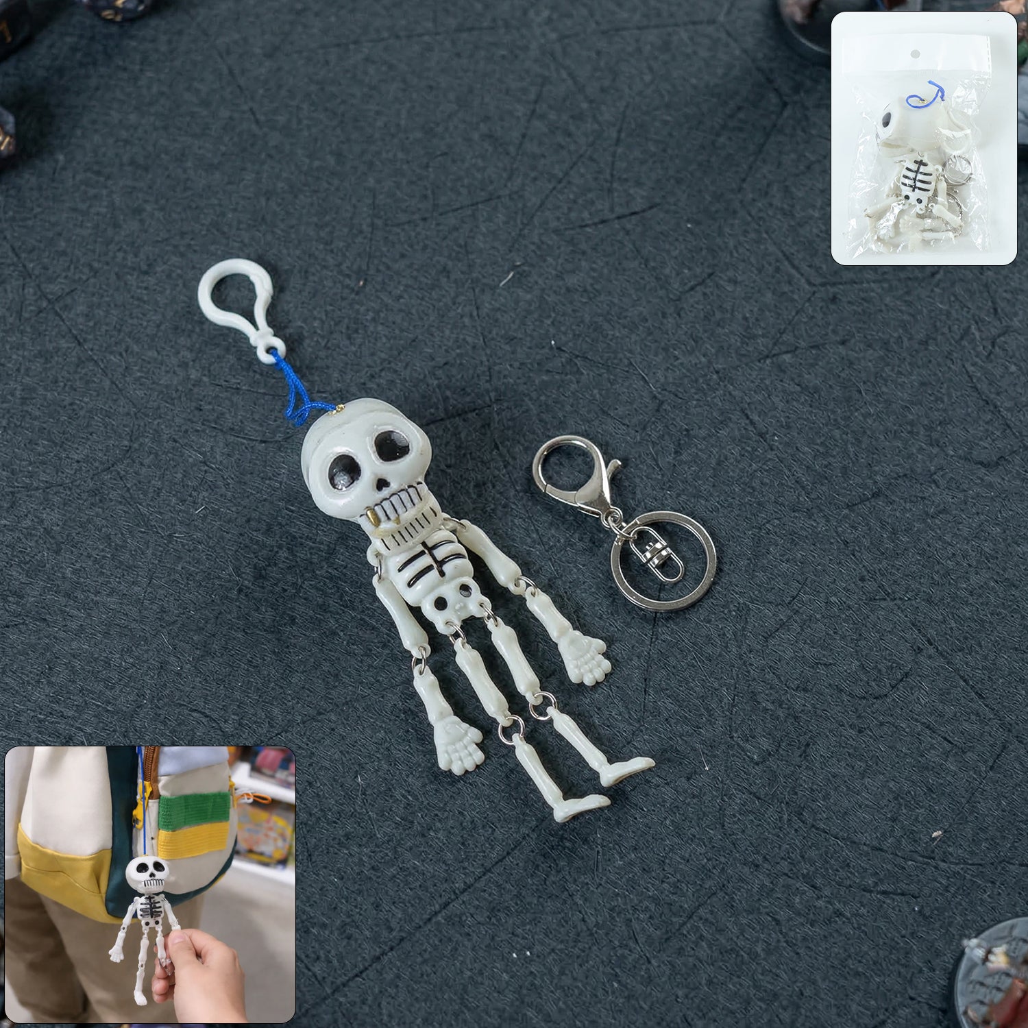 Set of two Wukusy skeleton doll keychains with metal hooks, featuring detailed skeleton figures on keyring accessories.
