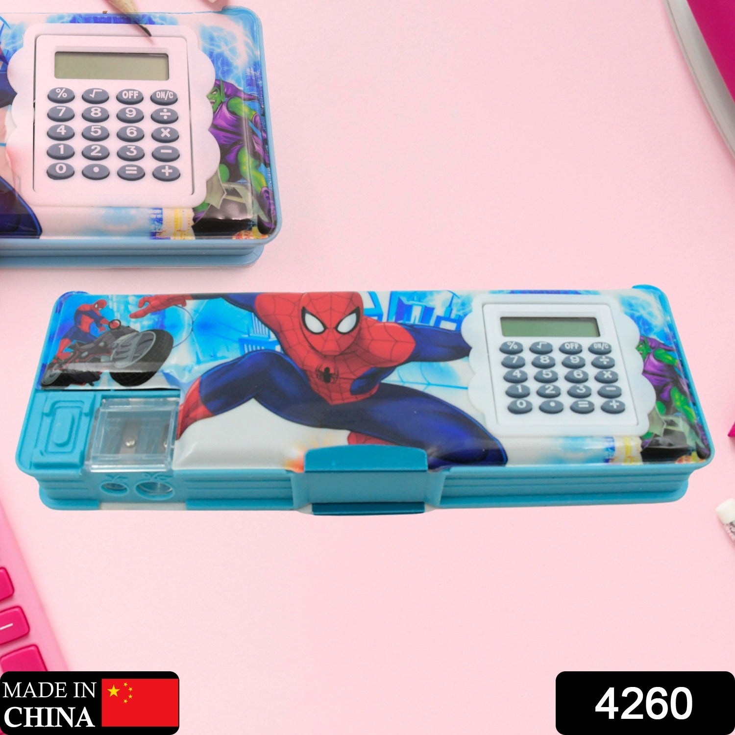 Wukusy 4260 Art Stationery Cartoon Geometry Box with calculator, dual sharpeners, and open compartments for boys and girls.