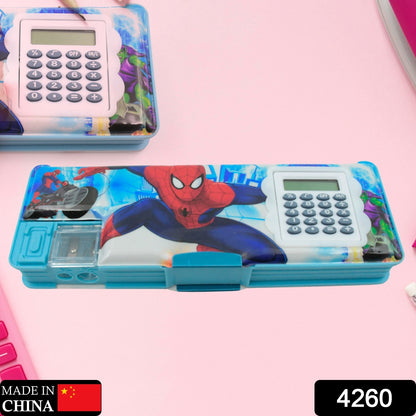 Wukusy 4260 Art Stationery Cartoon Geometry Box with calculator, dual sharpeners, and open compartments for boys and girls.