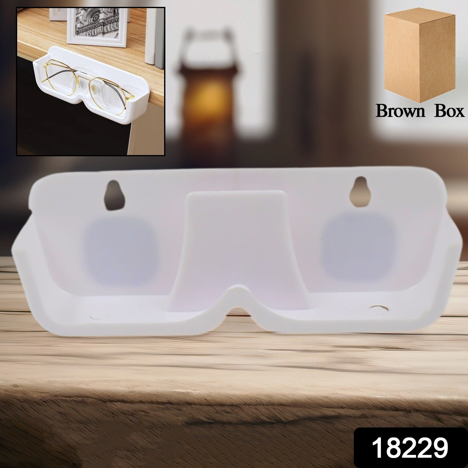 Wukusy wall mount adhesive sunglass holder attached to a wall, designed to securely hold multiple pairs of sunglasses in a home.