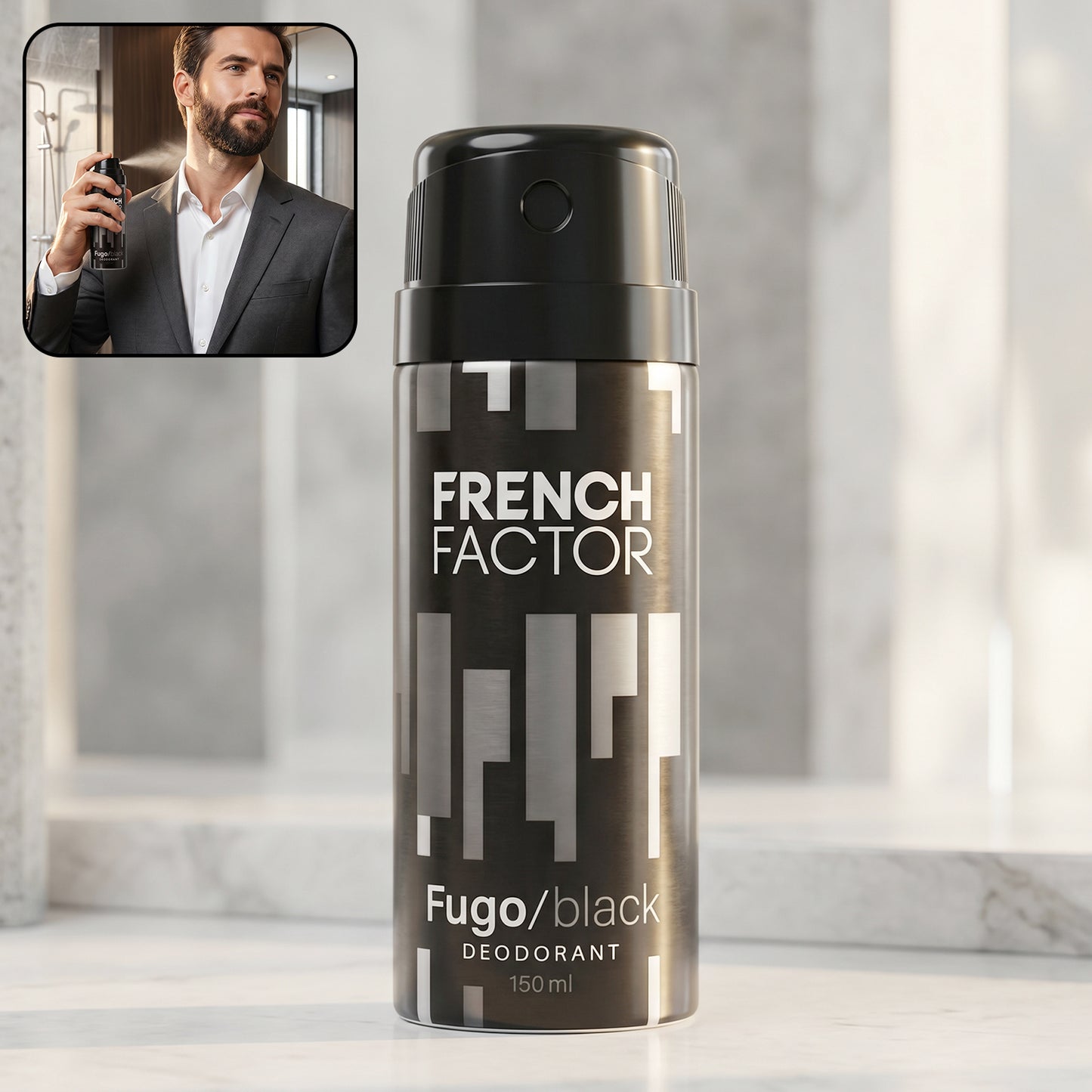 Wukusy French Factor Fugo Black deodorant body spray 150ml bottle with black and silver packaging on a white background.