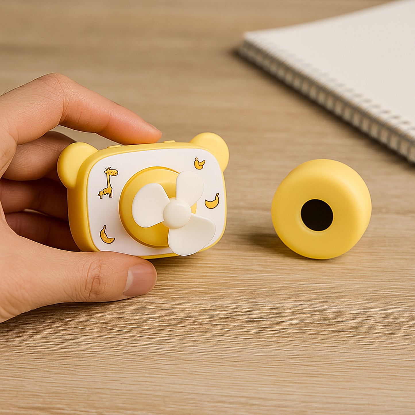 Cute bear-shaped mini rechargeable office fan by Wukusy, showing the fan with bear face design and compact size in use