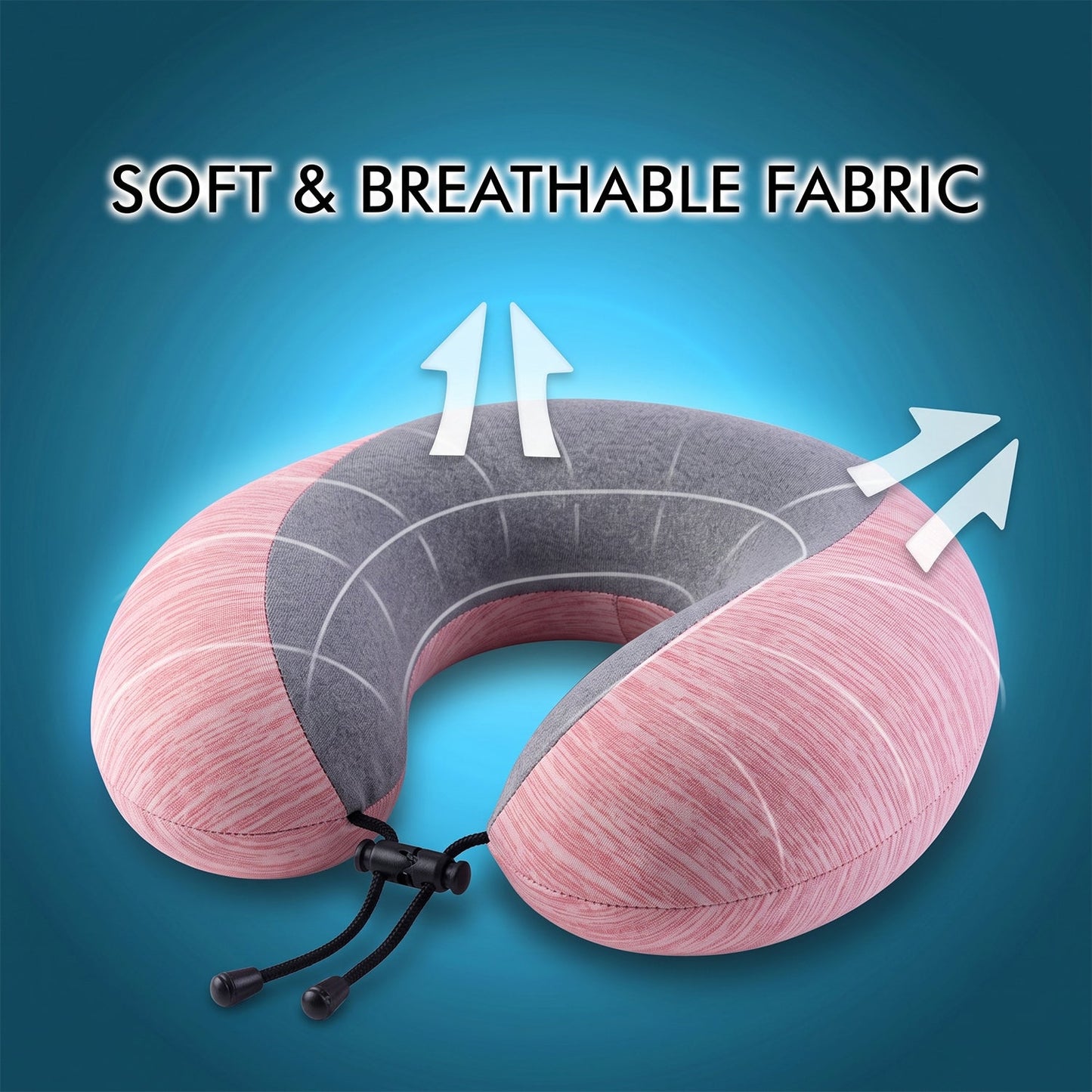 Pink and grey U-shaped travel neck pillow with drawstring toggle, designed for comfortable support during travel, by Wukusy.