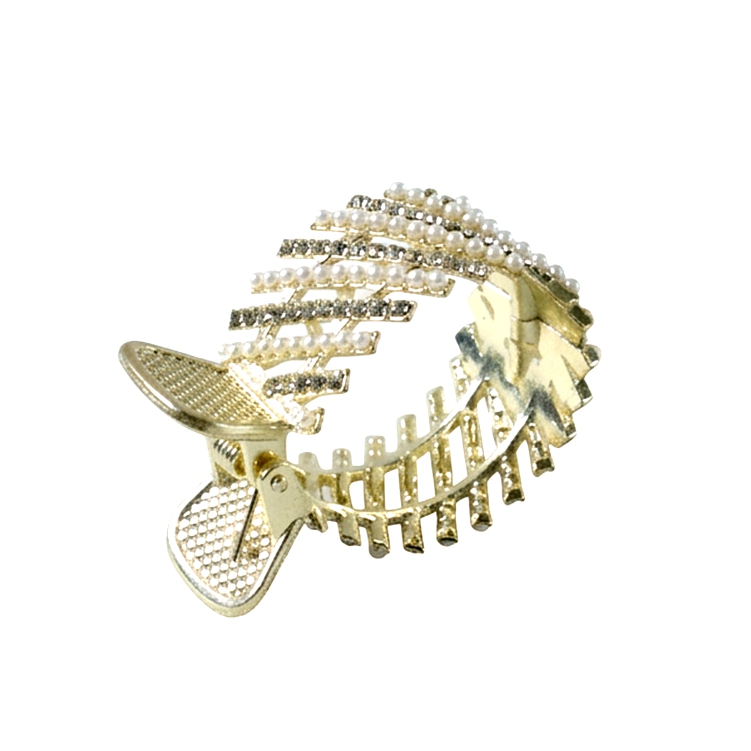 Wukusy premium pearl studded metal hair claw clip, stylish hair accessory with decorative pearls and sturdy metal design.