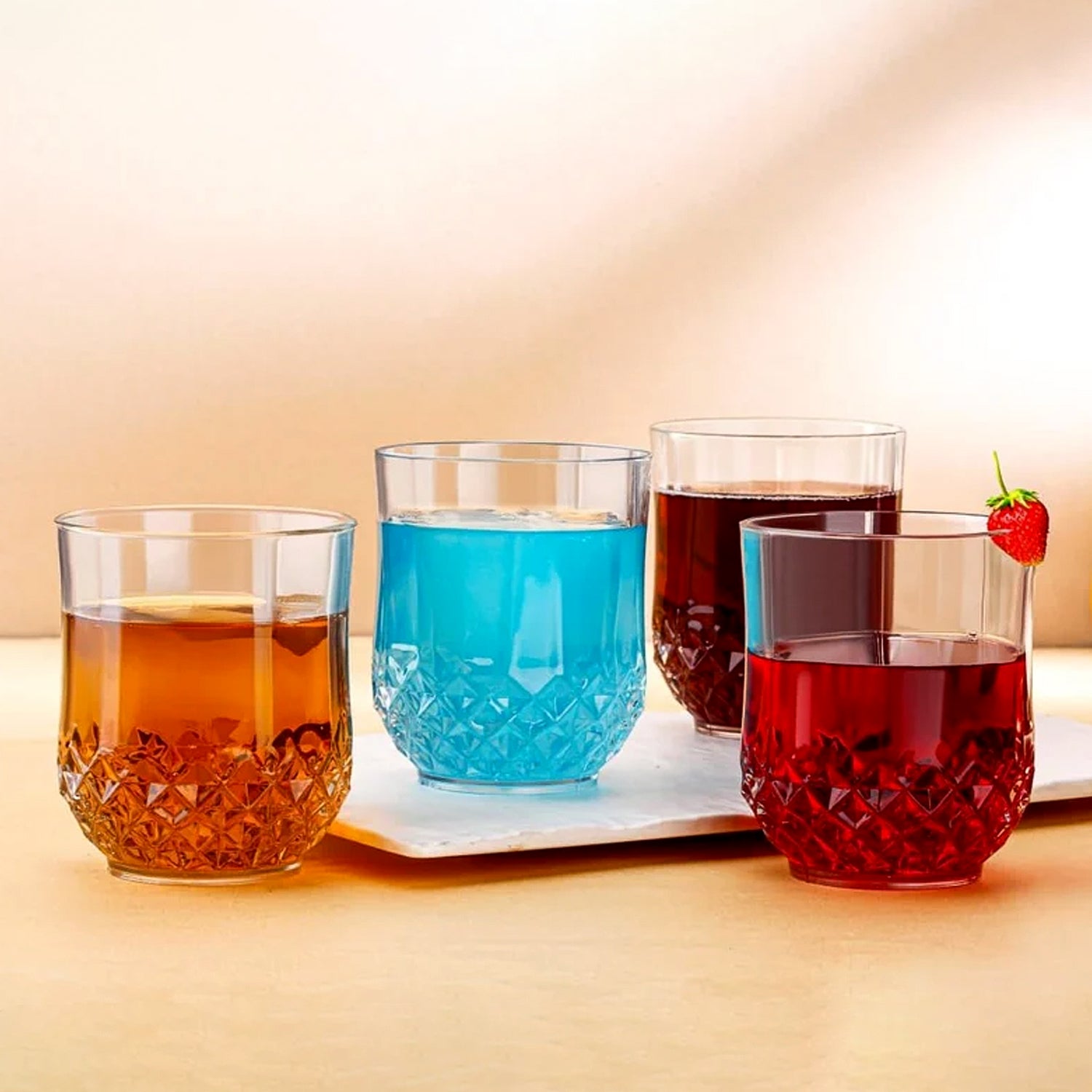 Six clear drinking glasses with diamond pattern design from Wukusy, arranged on a table for everyday use.