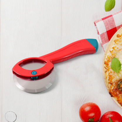 Wukusy Suppermom stainless steel pizza cutter with ergonomic handle, designed for easy slicing of pizzas in home and kitchen use.