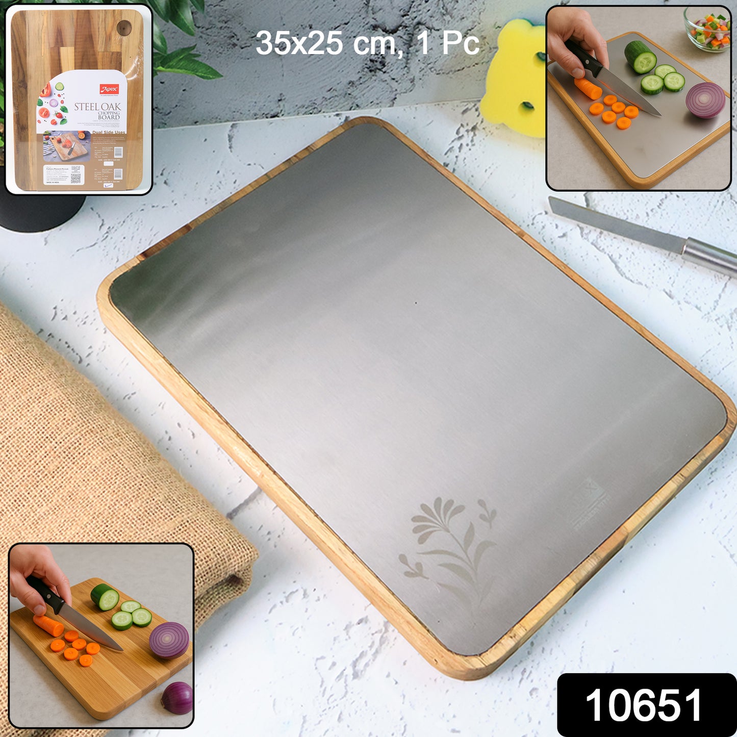 Wukusy Apex Steel Oak cutting board with wooden handle, rectangular shape, smooth surface, ideal for kitchen food prep.