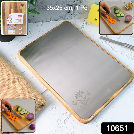 Wukusy Apex Steel Oak cutting board with wooden handle, rectangular shape, smooth surface, ideal for kitchen food prep.