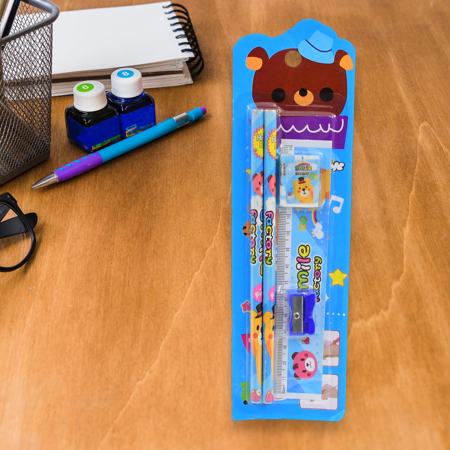 Wukusy cartoon wooden pencil set for kids with pencils, eraser, and sharpener, themed around space station, ideal for birthday gifts