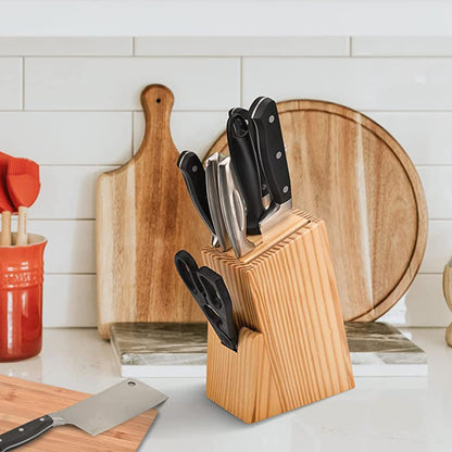 Wukusy 5-piece black kitchen knife set with wooden block and scissors, including sharp blades and ergonomic handles.