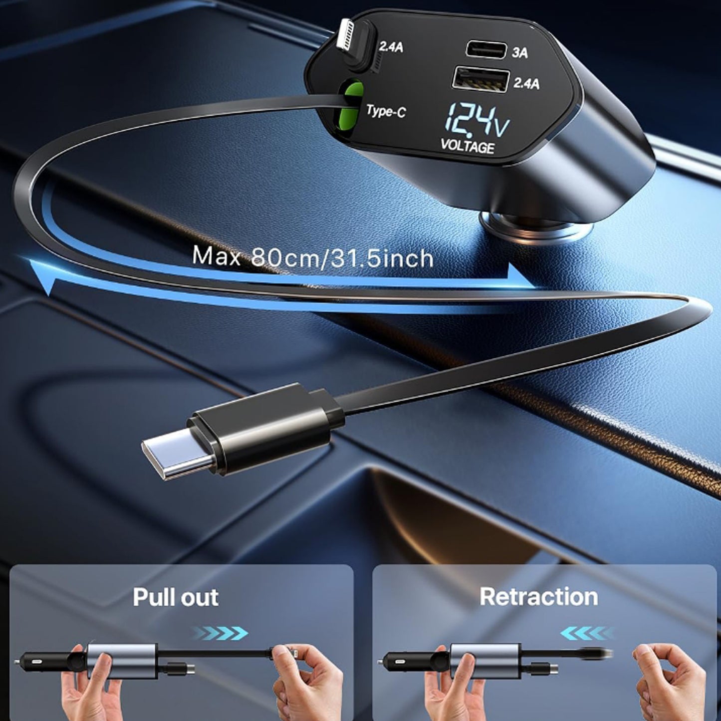 Wukusy 4-in-1 super fast car charger with dual USB ports and built-in cables, shown connected to a vehicle's car dashboard.