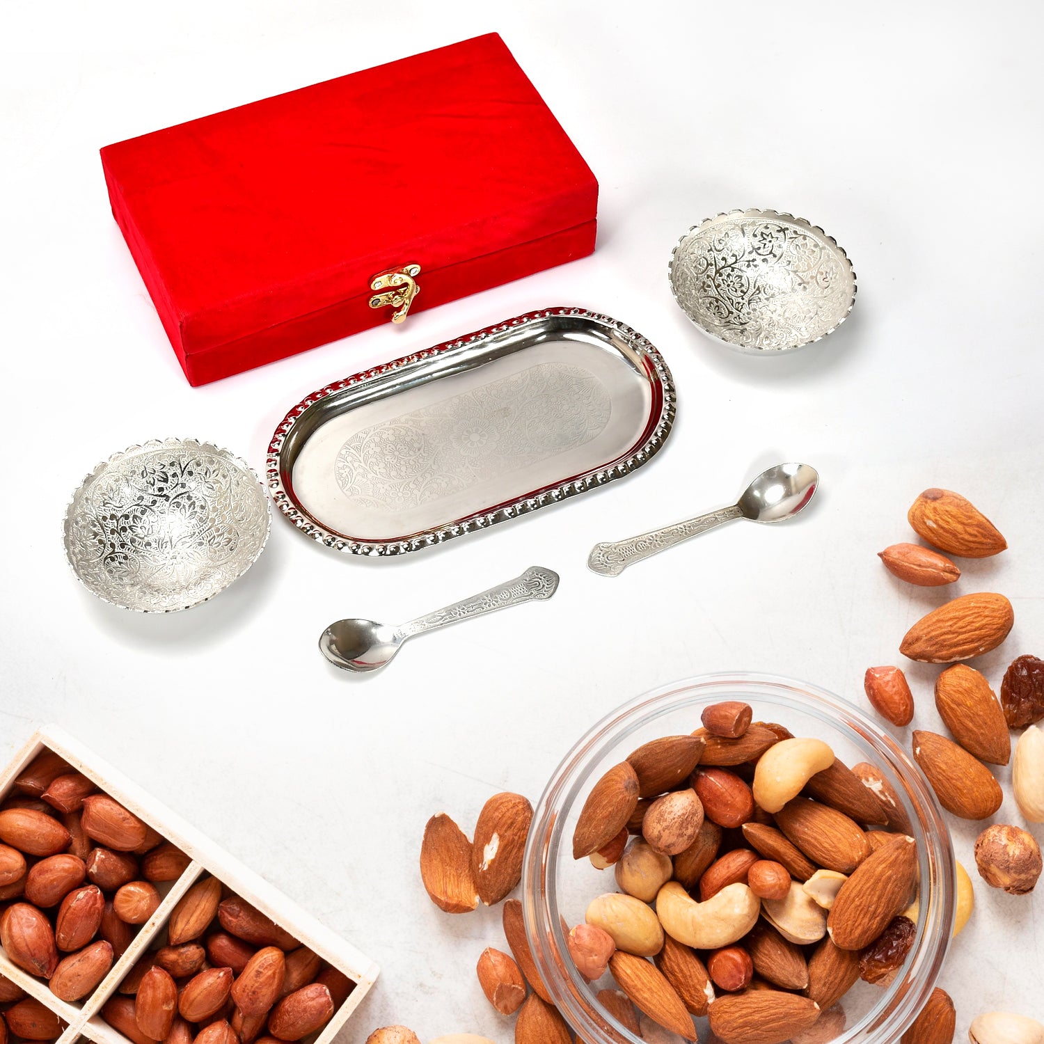 Wukusy silver-plated 2-bowl tray set with spoons, brass, in red velvet gift box for serving dry fruits and desserts