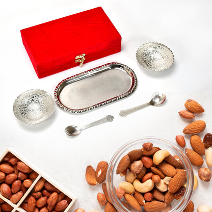 Wukusy silver-plated 2-bowl tray set with spoons, brass, in red velvet gift box for serving dry fruits and desserts