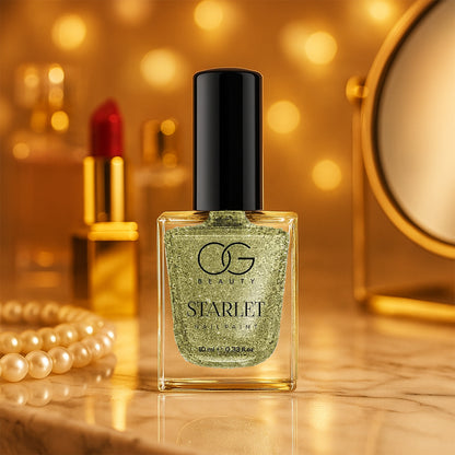 Wukusy Og Beauty Sunshine Gold Starlet glitter nail paint in 10ml bottle, featuring gold star-shaped shimmer for sparkling nails.